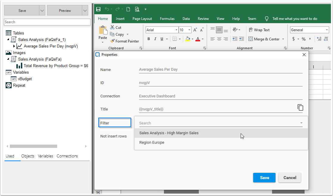 Qalyptus Object Filter Excel