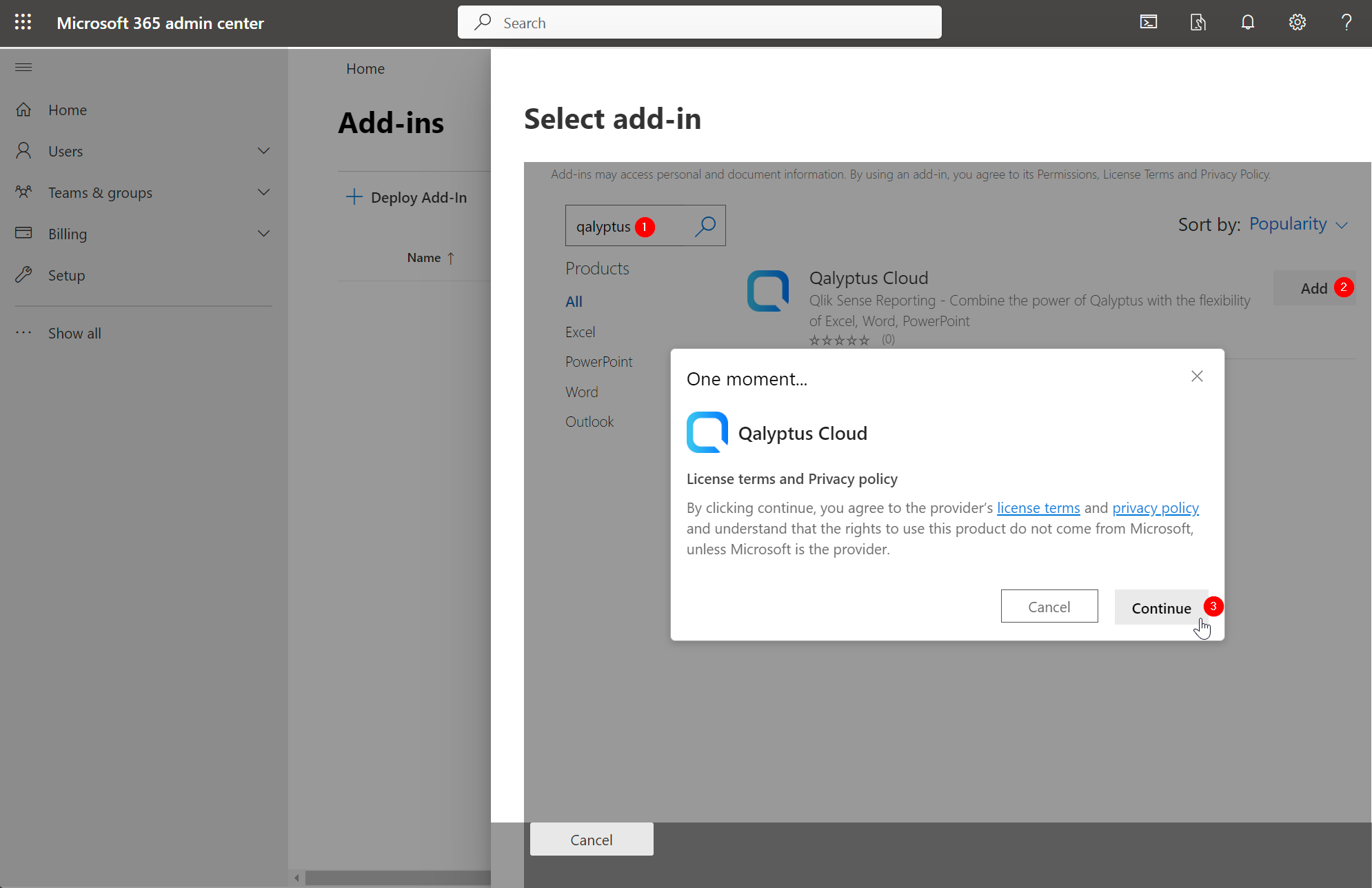 Microsoft 365 admin center - add qalyptus cloud add-in