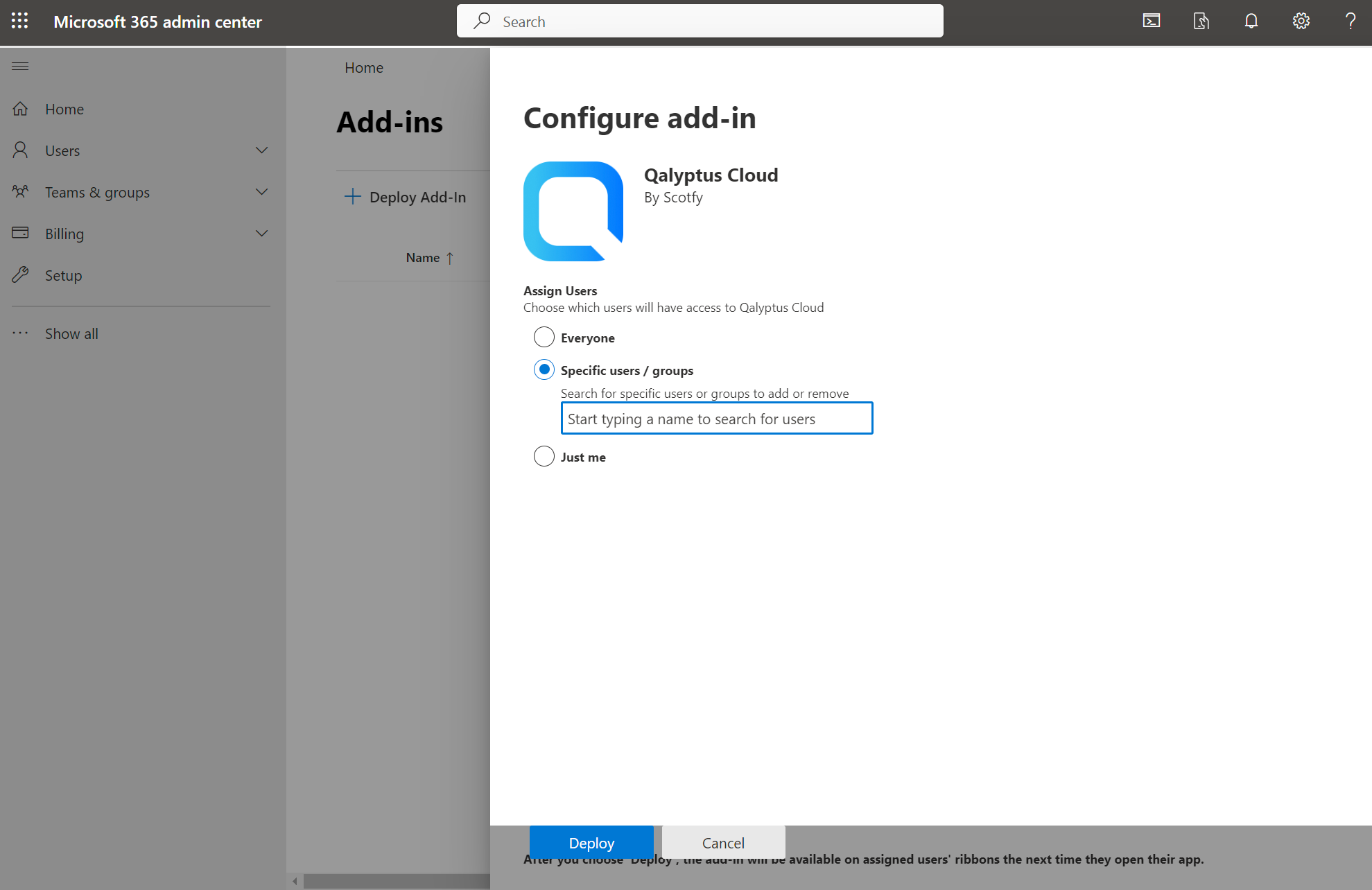 Microsoft 365 admin center - configure qalyptus cloud add-in