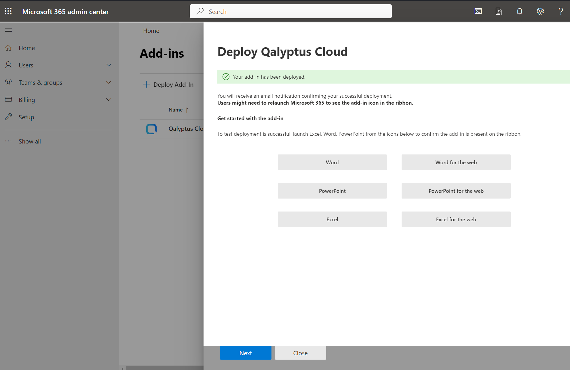 Microsoft 365 admin center - add qalyptus cloud add-in confirmation