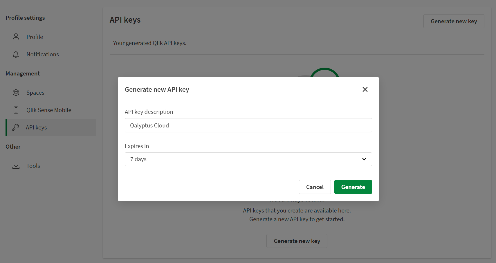 Qalyptus Cloud - Generate Qlik Sense API key