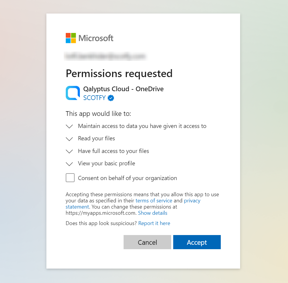 Qalyptus Cloud OneDrive OneDrive authorizations screen