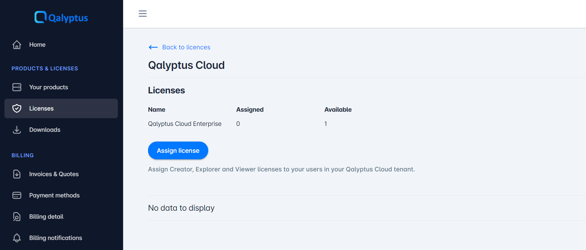 Licenses page in Qalyptus Customer Portal