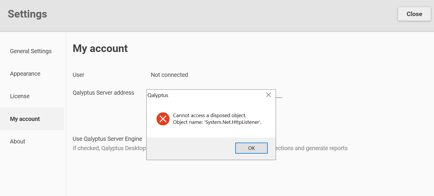 Qalyptys Desktop - My Account - Error