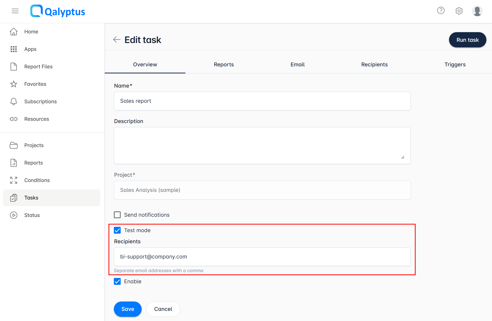 Qalyptus Task Test Mode