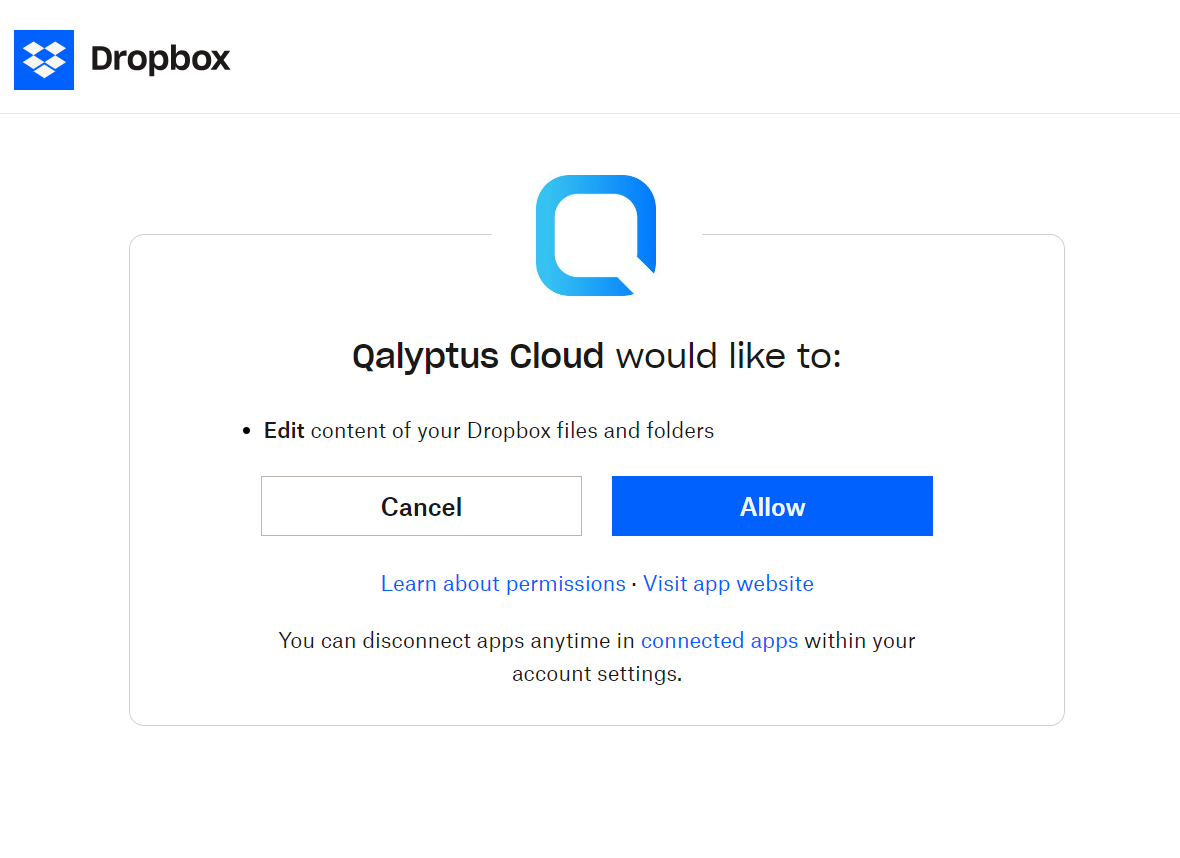 Écran des autorisations Dropbox de Qalyptus Cloud Dropbox