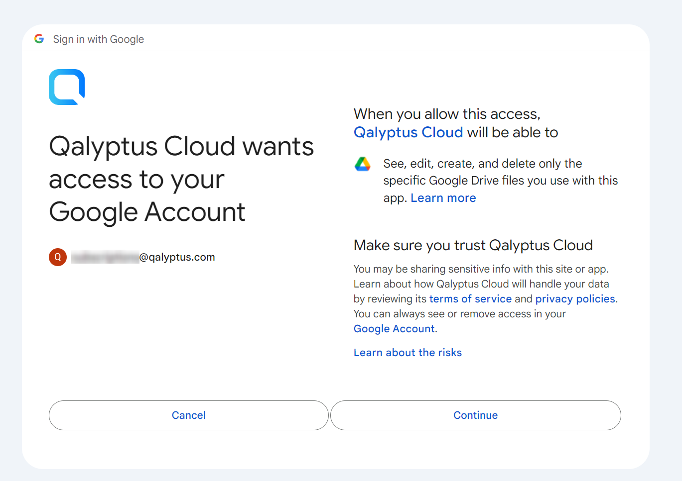 Écran des autorisations Google Drive Google Drive de Qalyptus Cloud