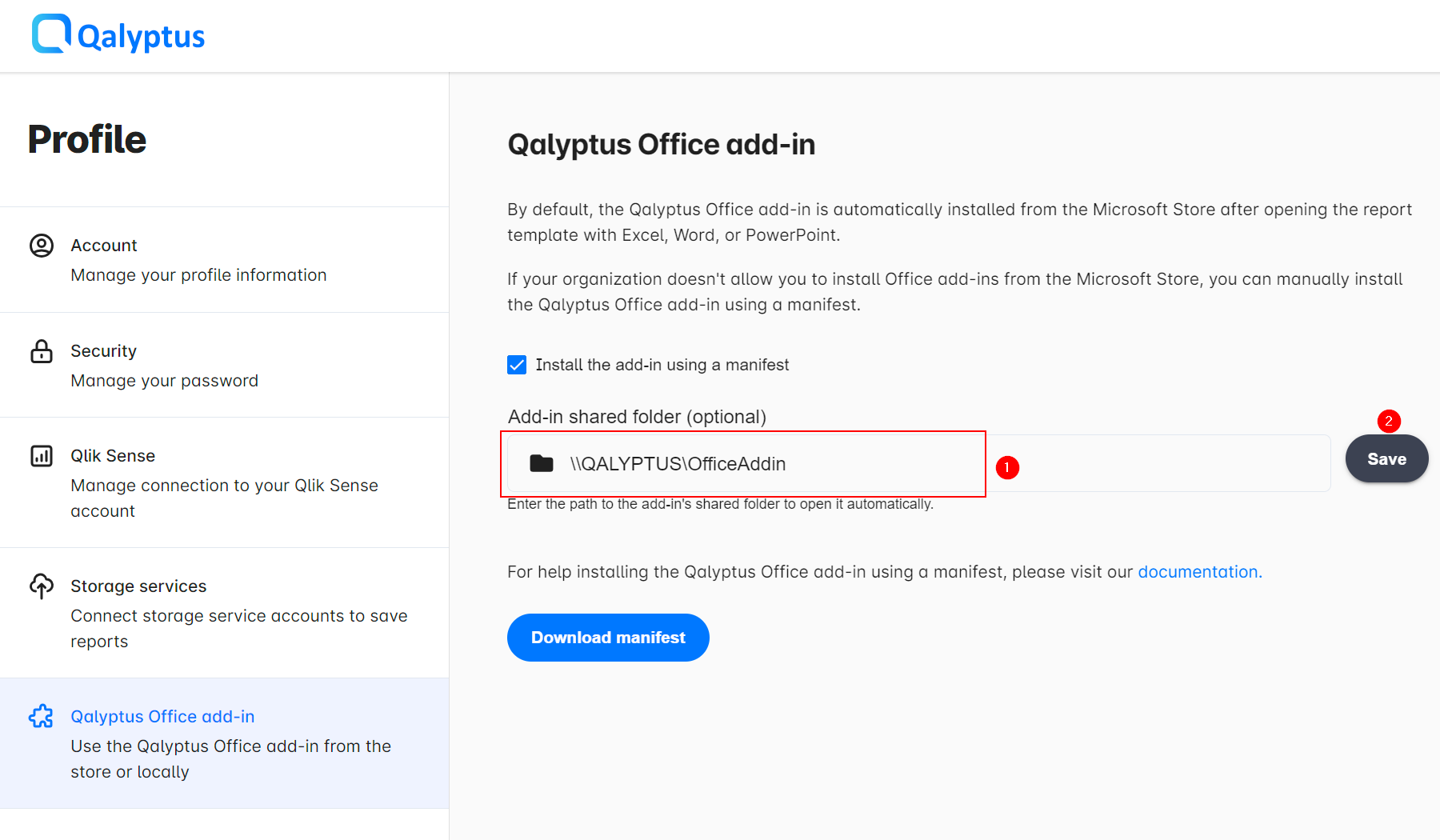 Qalyptus Install Office add-in - coller le dossier de partage