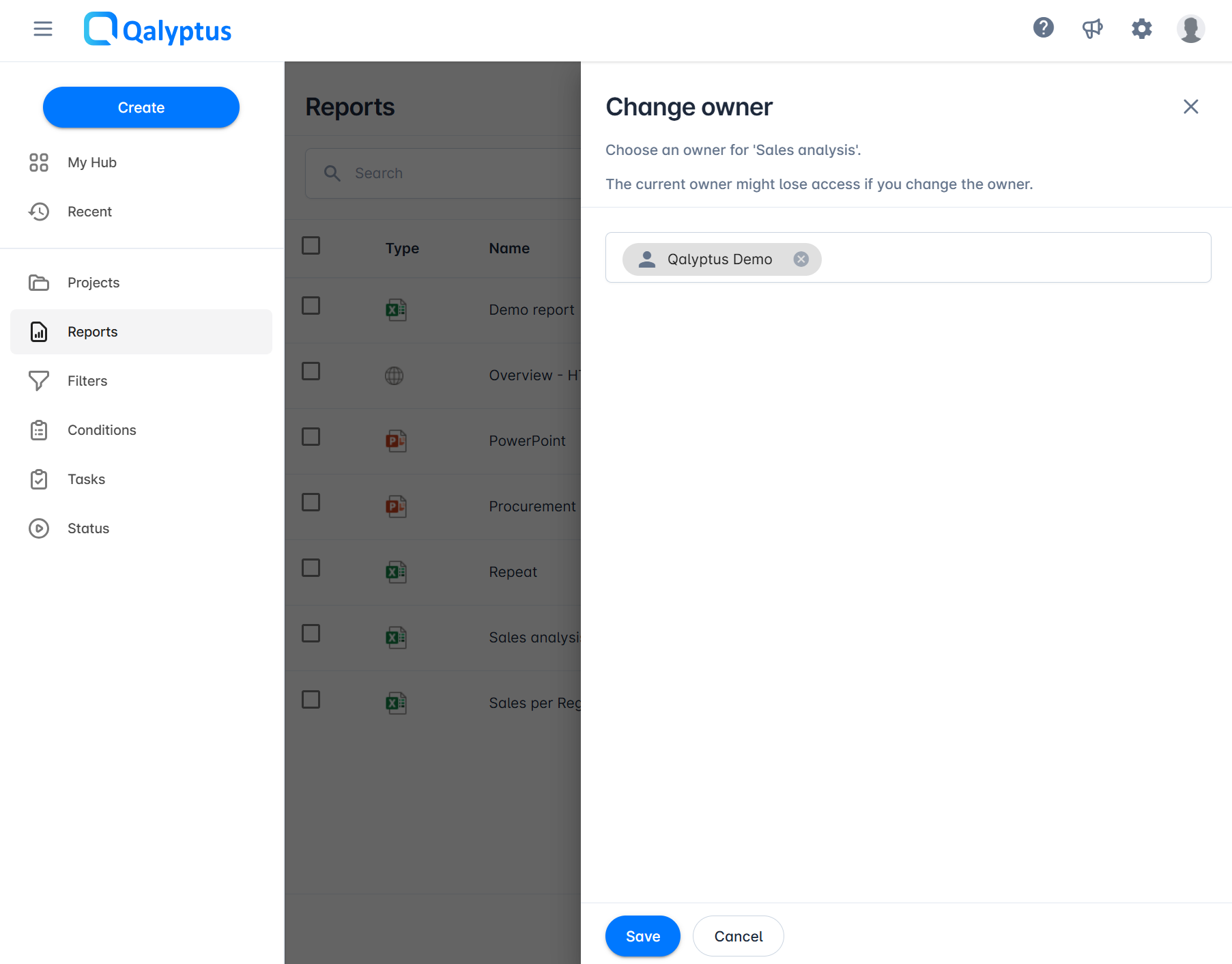 Qalyptus Cloud - Modifier le propriétaire du rapport