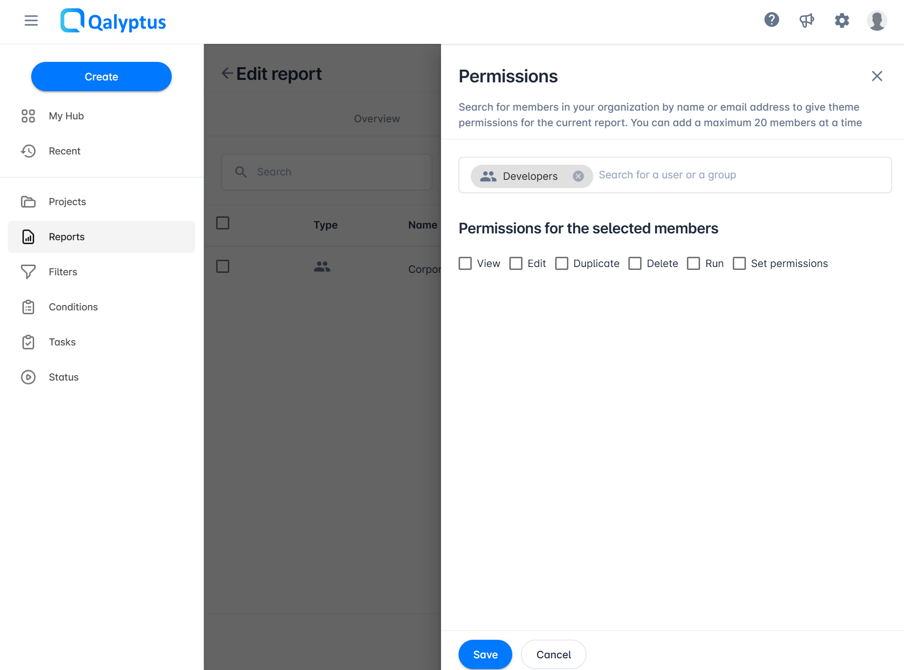 Qalyptus Cloud - Définir les permissions du rapport