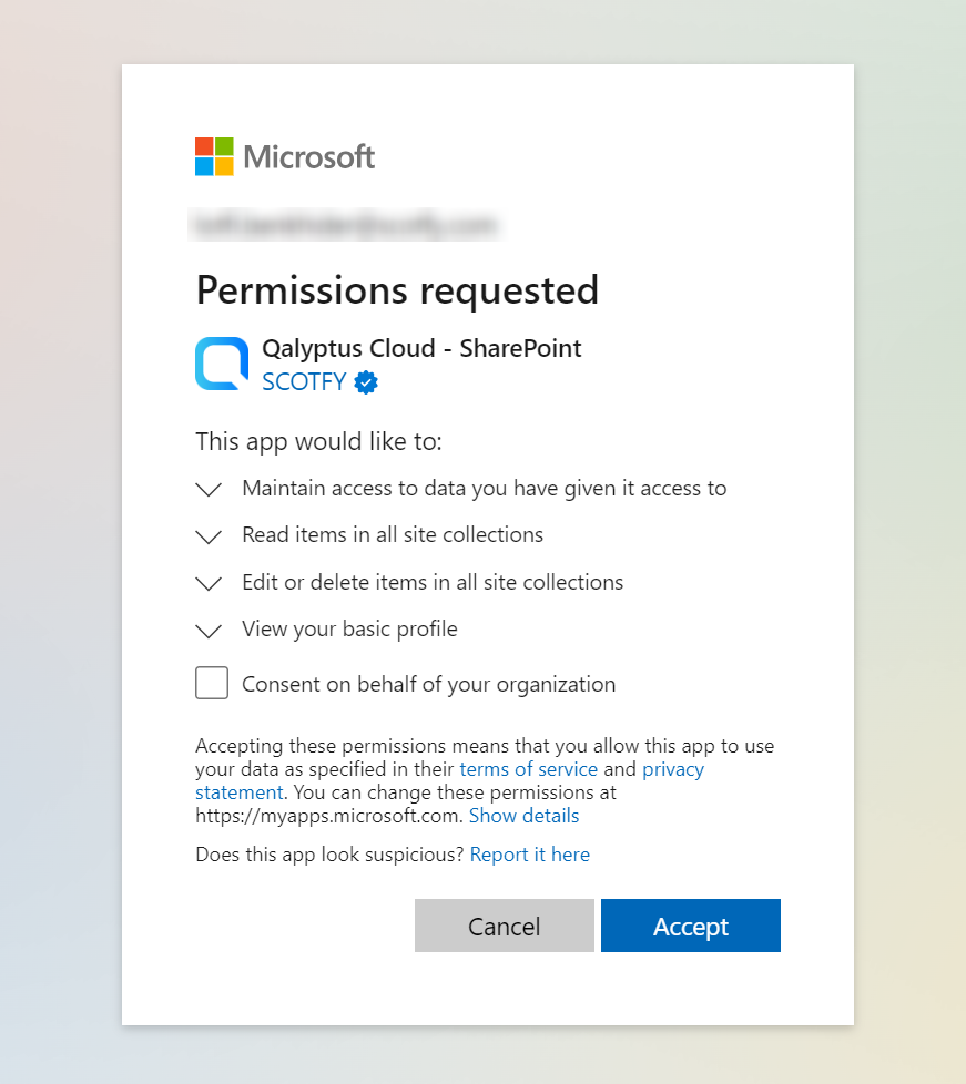 Écran des autorisations SharePoint OneDrive de Qalyptus Cloud