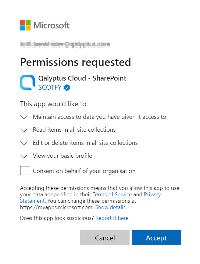 Écran des autorisations Qalyptus Cloud SharePoint OneDrive