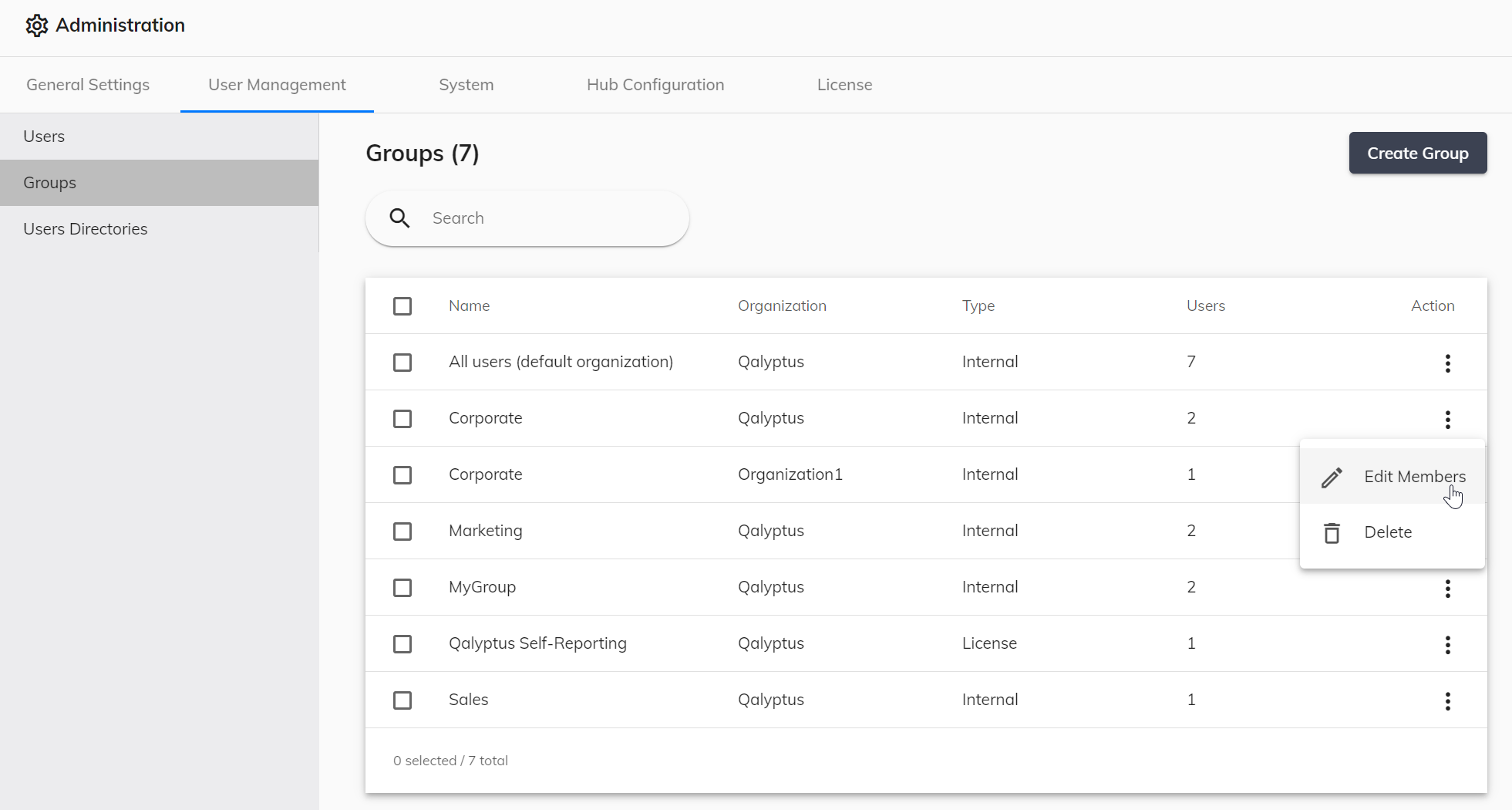 Action Modifier les membres des groupes Qalyptus Server