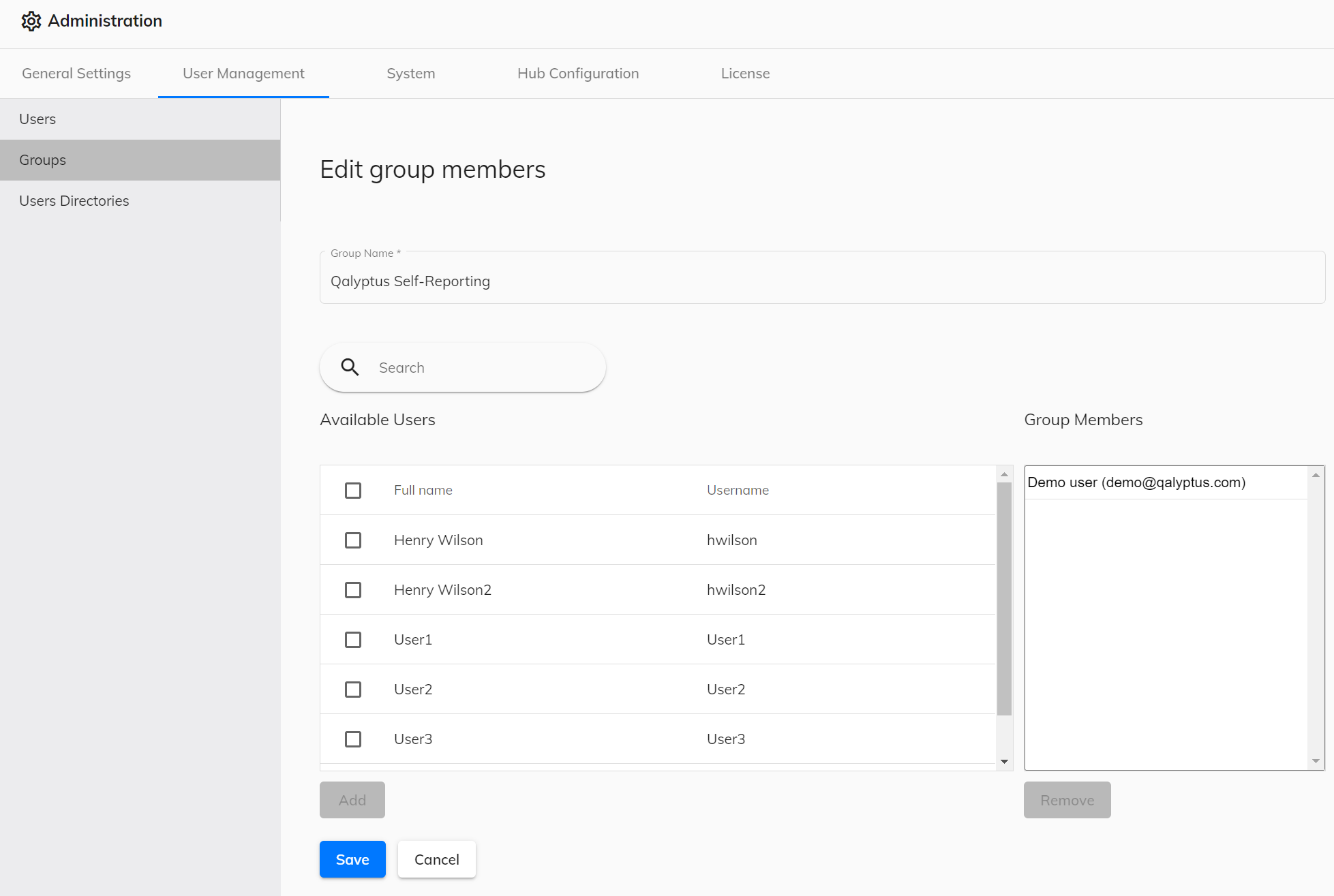 Modifier les membres des groupes Qalyptus Server