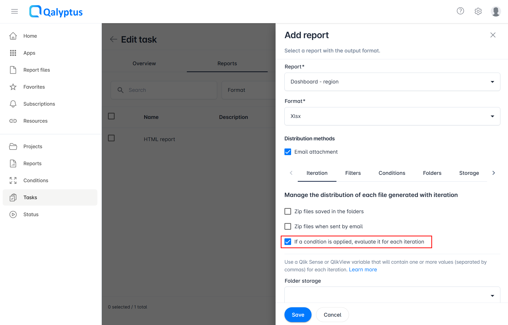 Qalyptus Server - add task condition for Iteration report