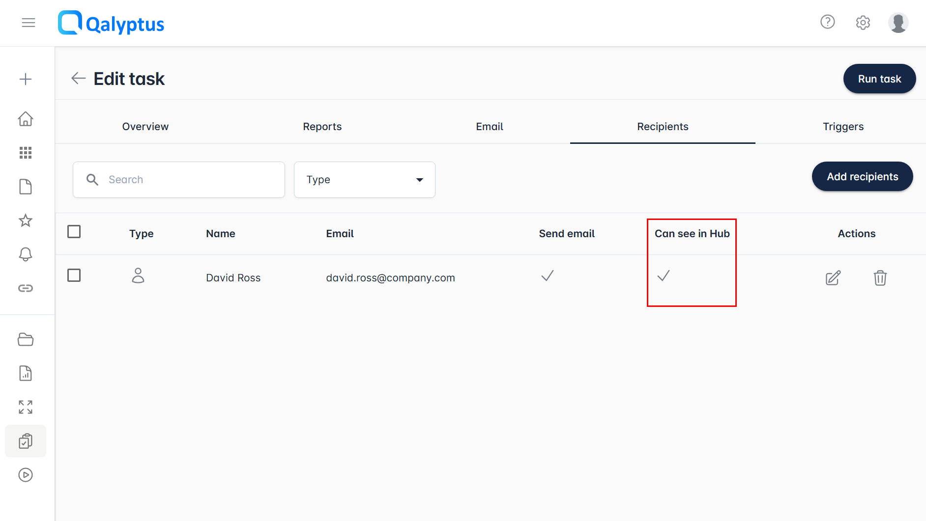 Visibility in Qalyptus hub - Recipients