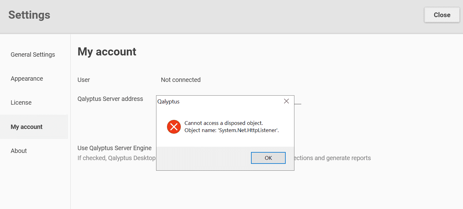 Qalyptus Desktop - My Account - Error