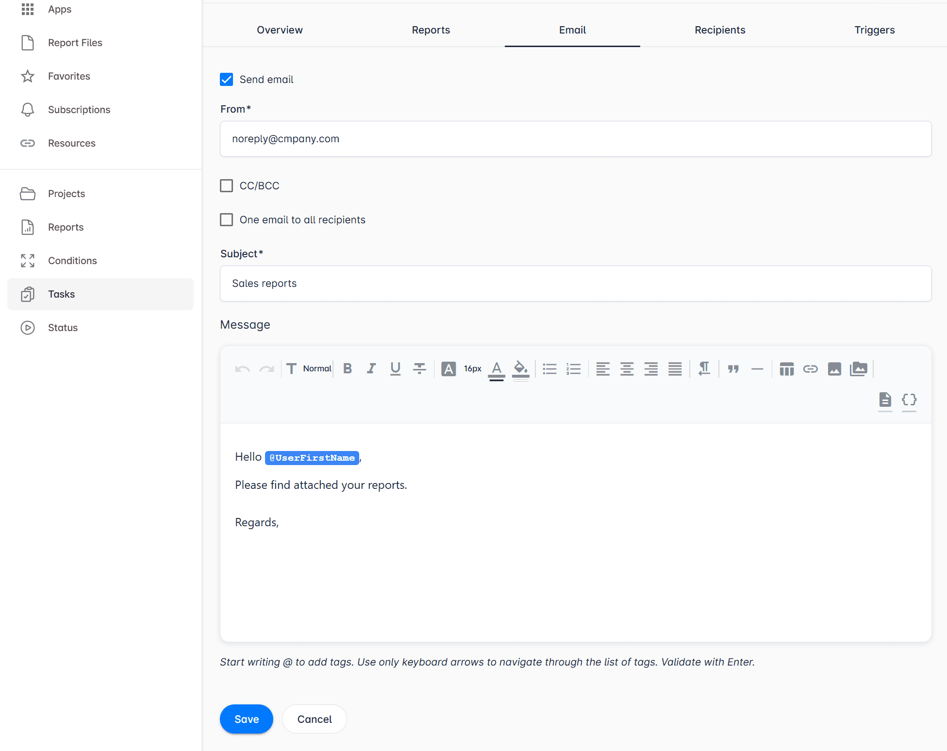 Add Cc and Bcc email addresses using Qlik Sense variables
