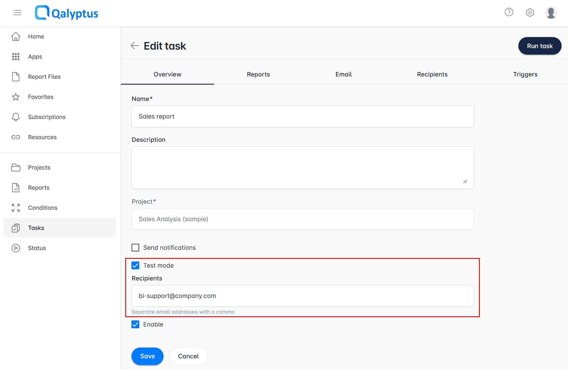 Qalyptus Task Test Mode