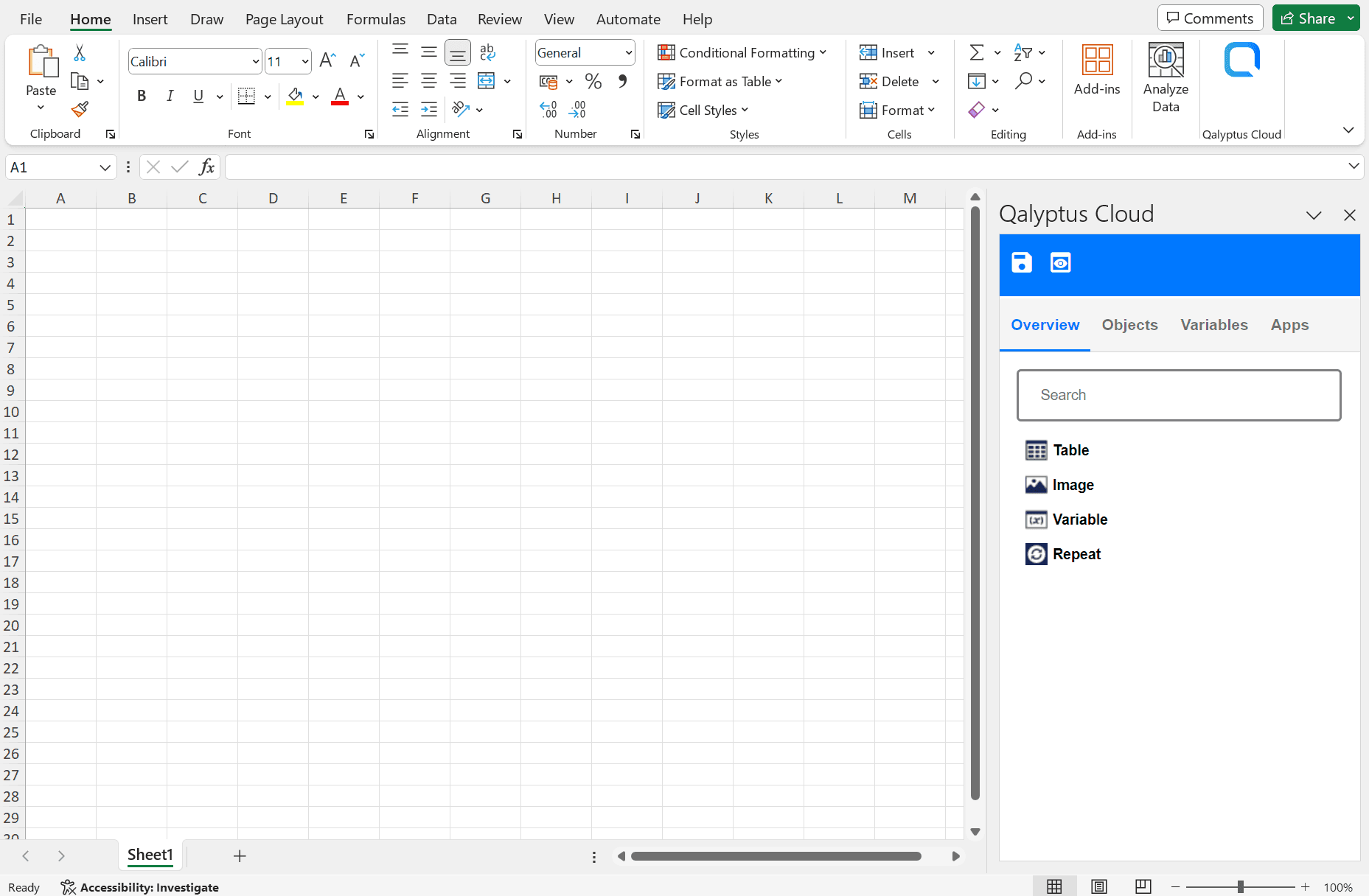 Qalyptus cloud add-in excel