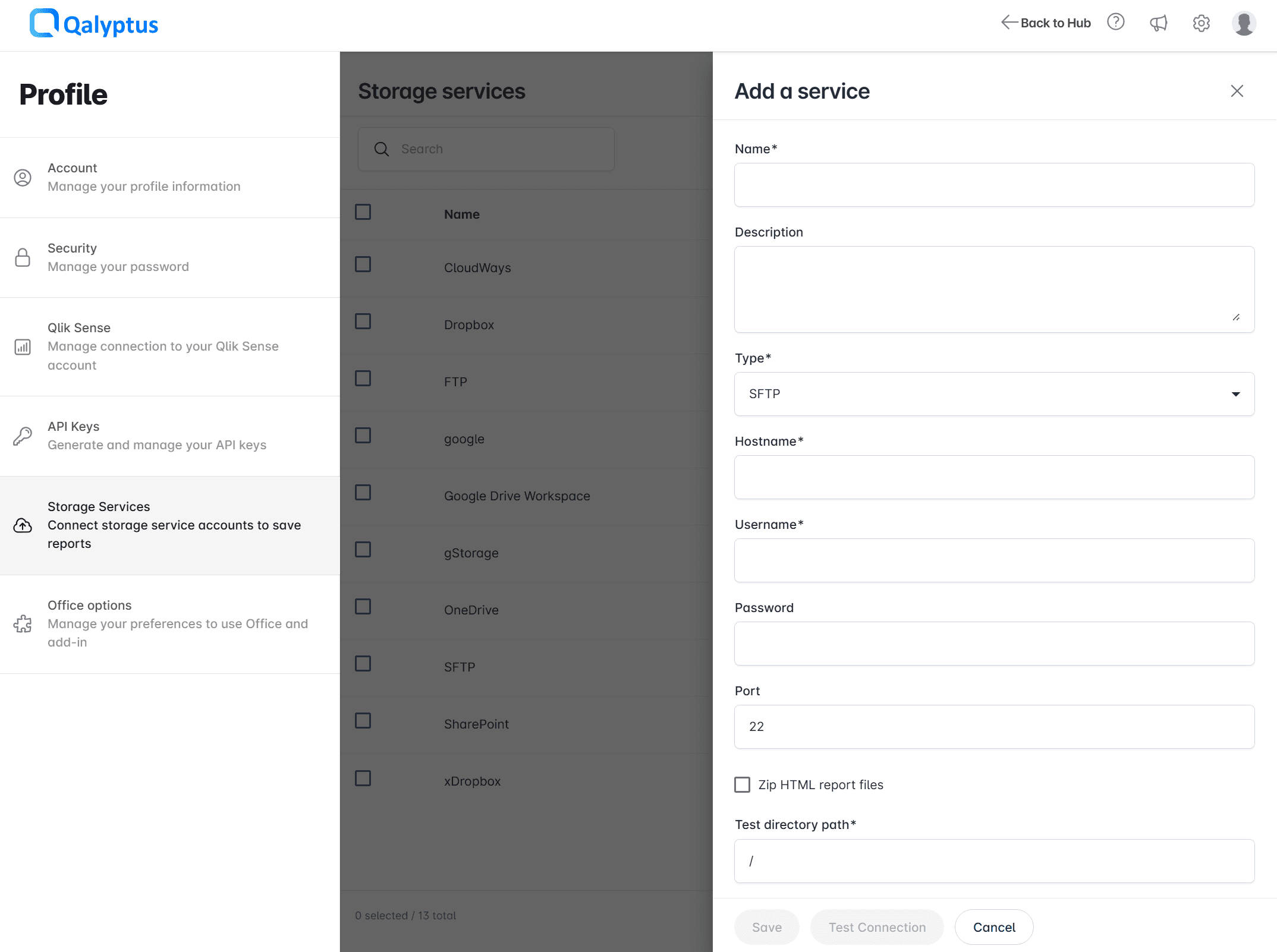 Qalyptus Cloud Storage services - configure sftp
