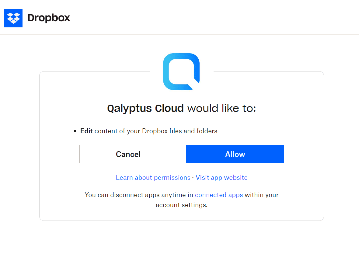 Qalyptus Cloud Dropbox authorizations screen