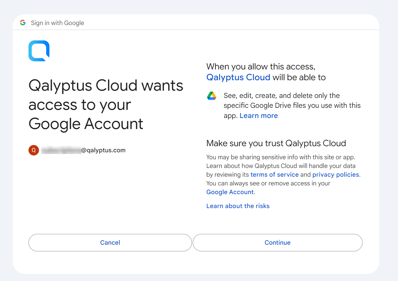 Qalyptus Cloud Google Drive authorizations screen