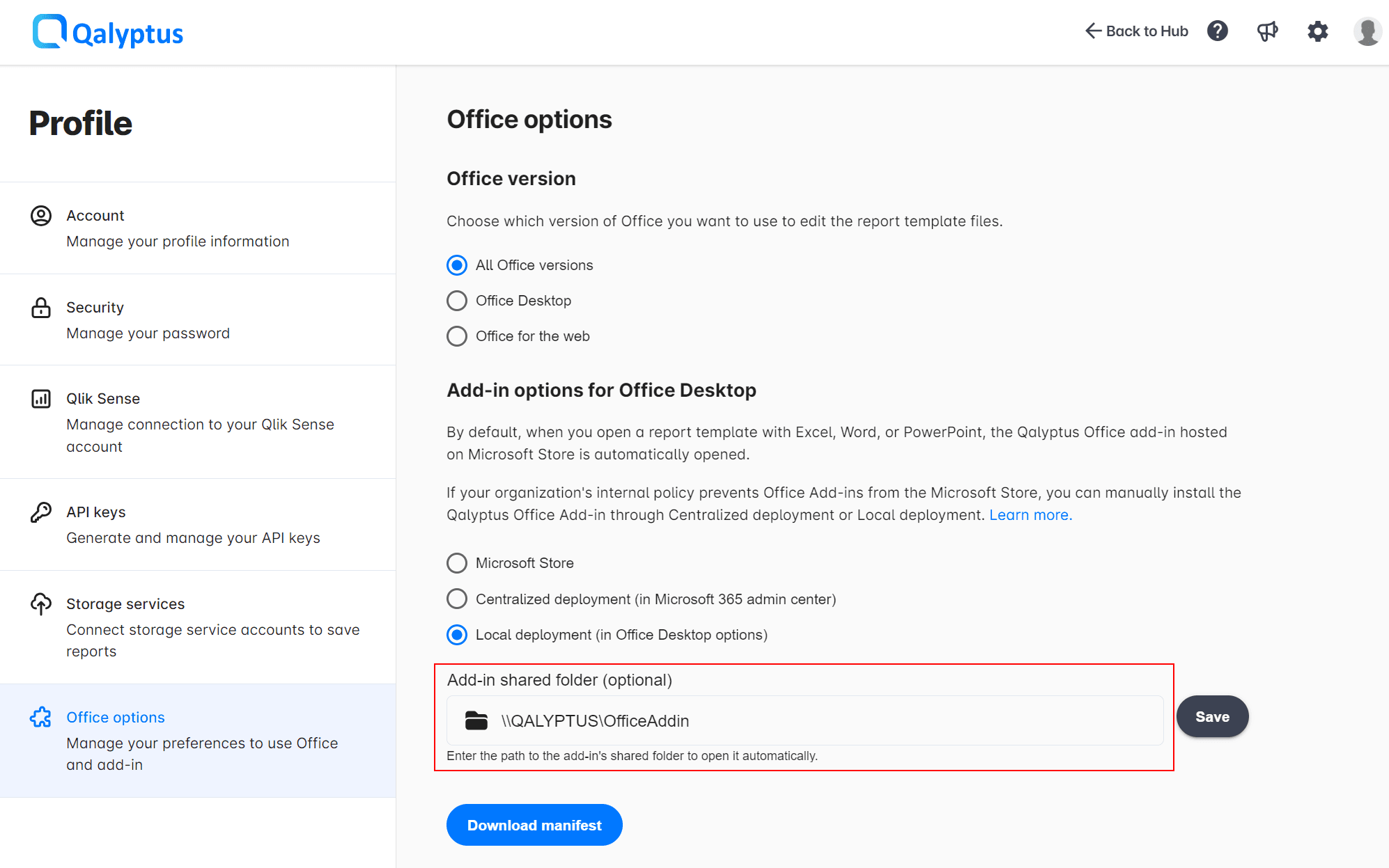 Qalyptus Install Office add-in - paste share folder