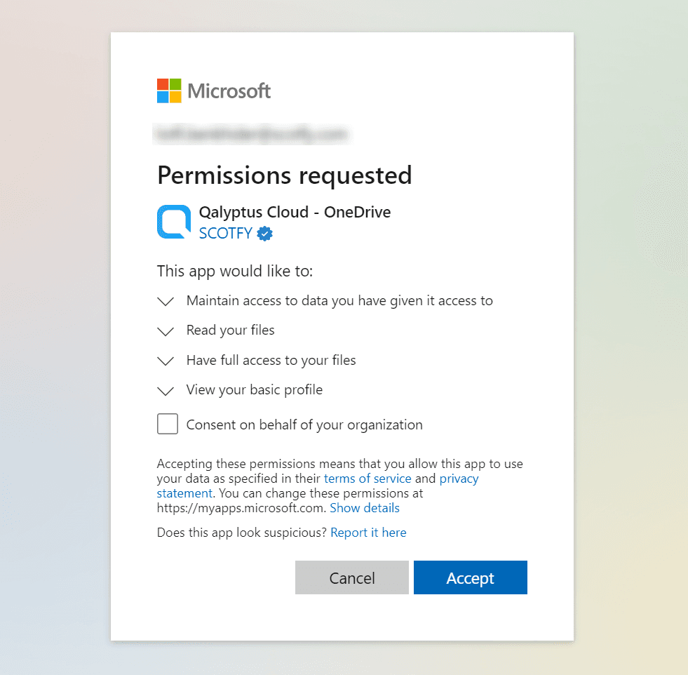 Qalyptus Cloud OneDrive authorizations screen