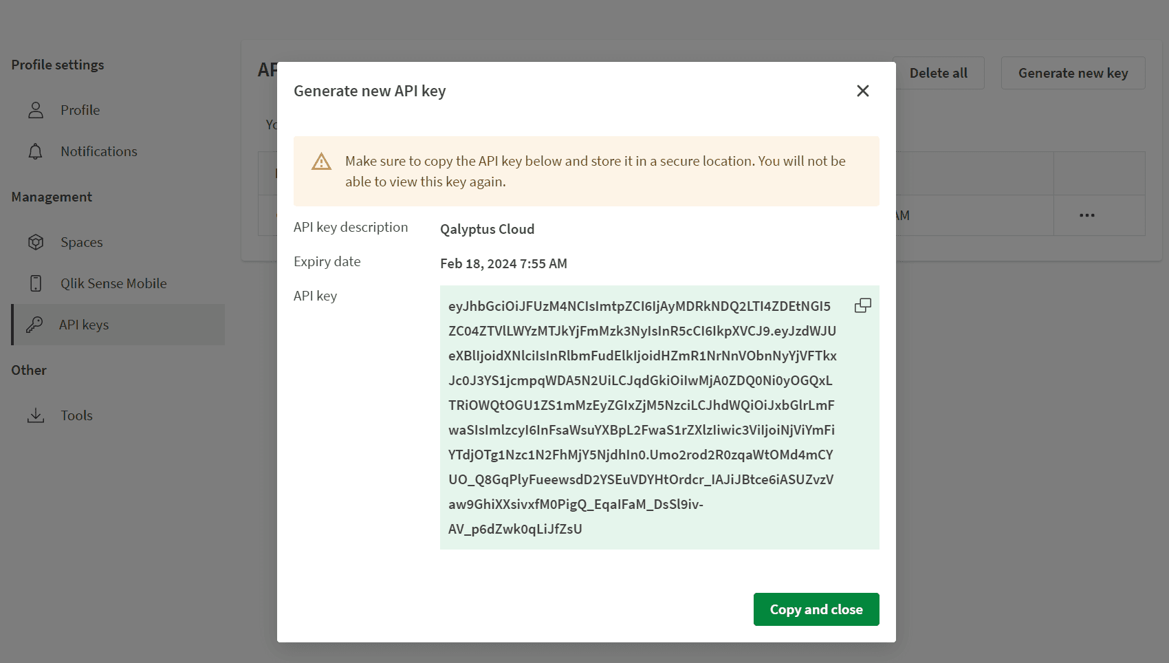 Qalyptus Cloud - Qlik Sense API key generated