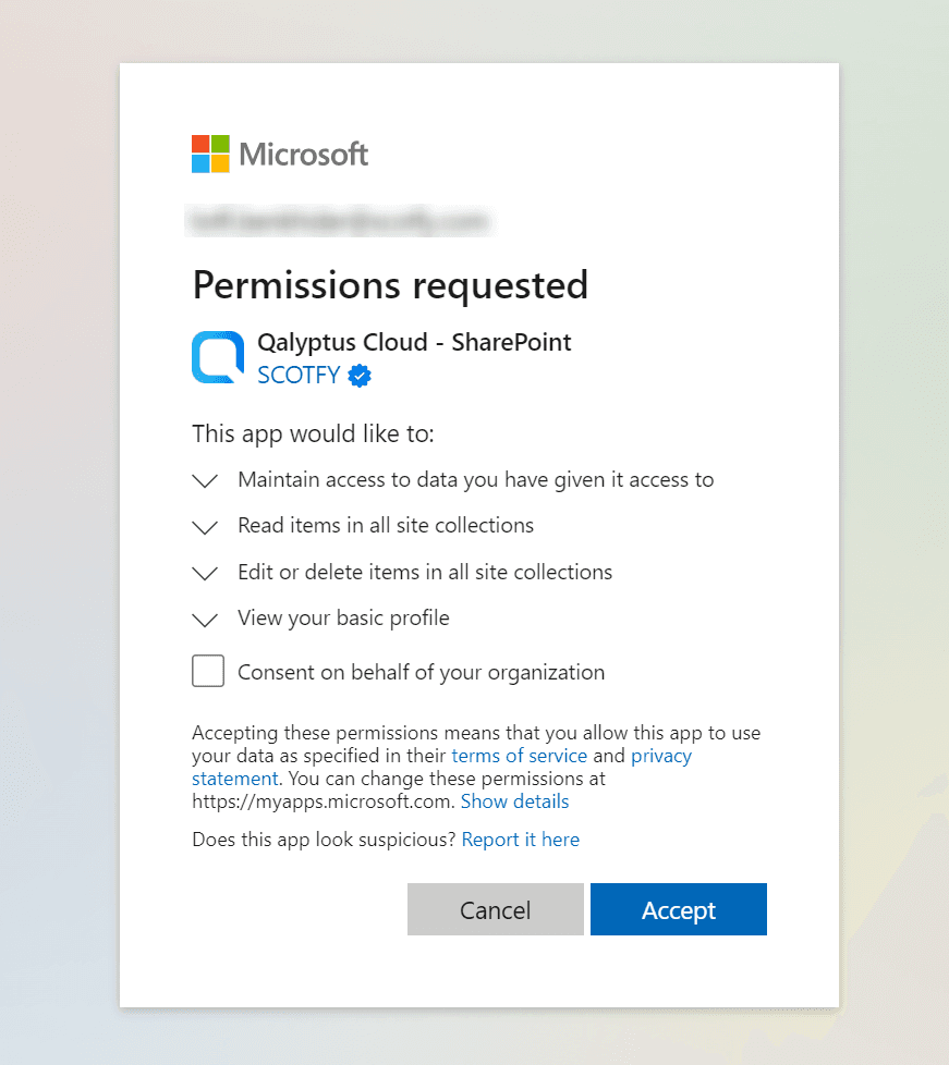 Qalyptus Cloud SharePoint OneDrive authorizations screen