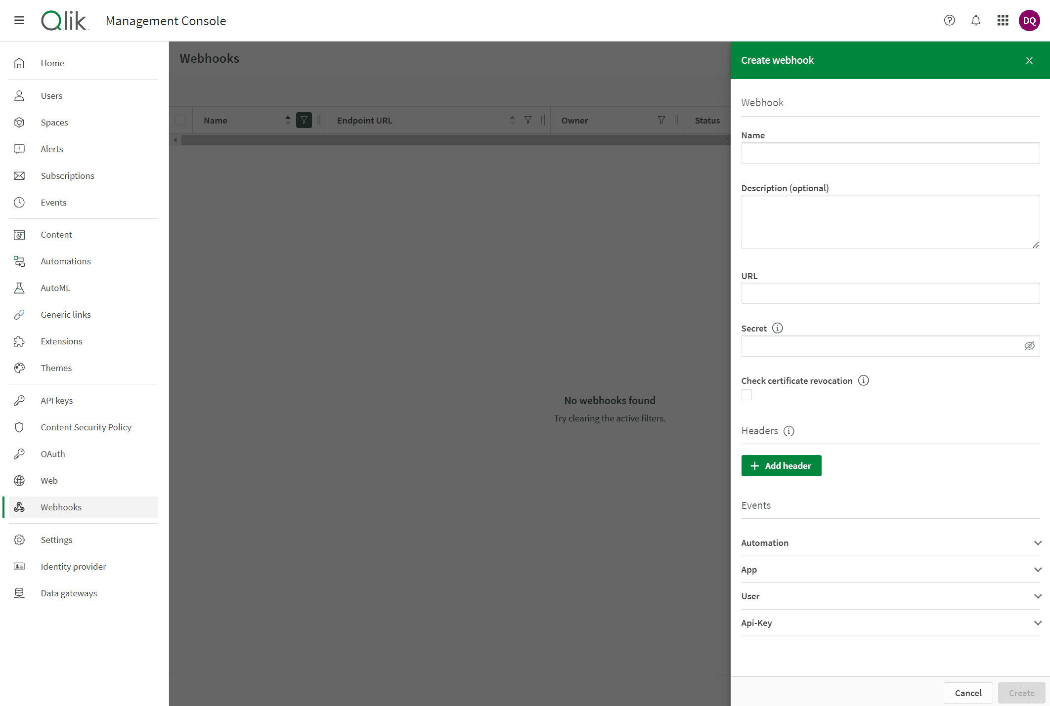 Qlik Sense - create webhook